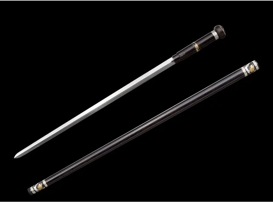 Medieval Staff Sword Folded Steel Damascus Blade Sharp Real Ebony Wood Scabbard Walking Stick Gold Silver Plating Dragon Katanas