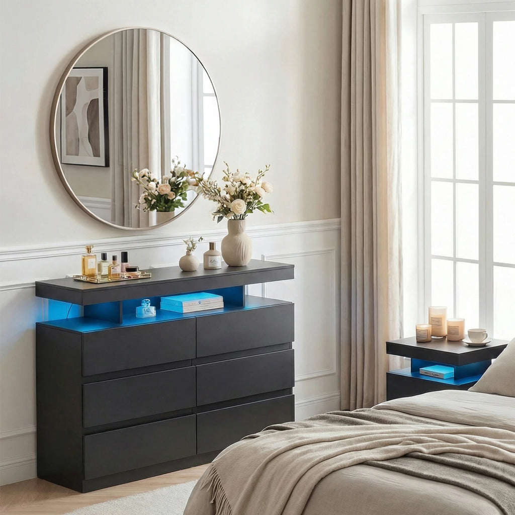 6-Drawer Dresser with Power Outlet with LED Light, Modern Chest of Drawers for Closet, Drawer Organizer Cabinet for Bedroom