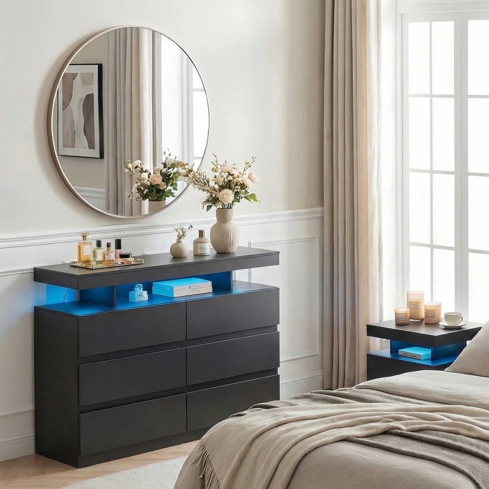 6-Drawer Dresser with Power Outlet with LED Light, Modern Chest of Drawers for Closet, Drawer Organizer Cabinet for Bedroom