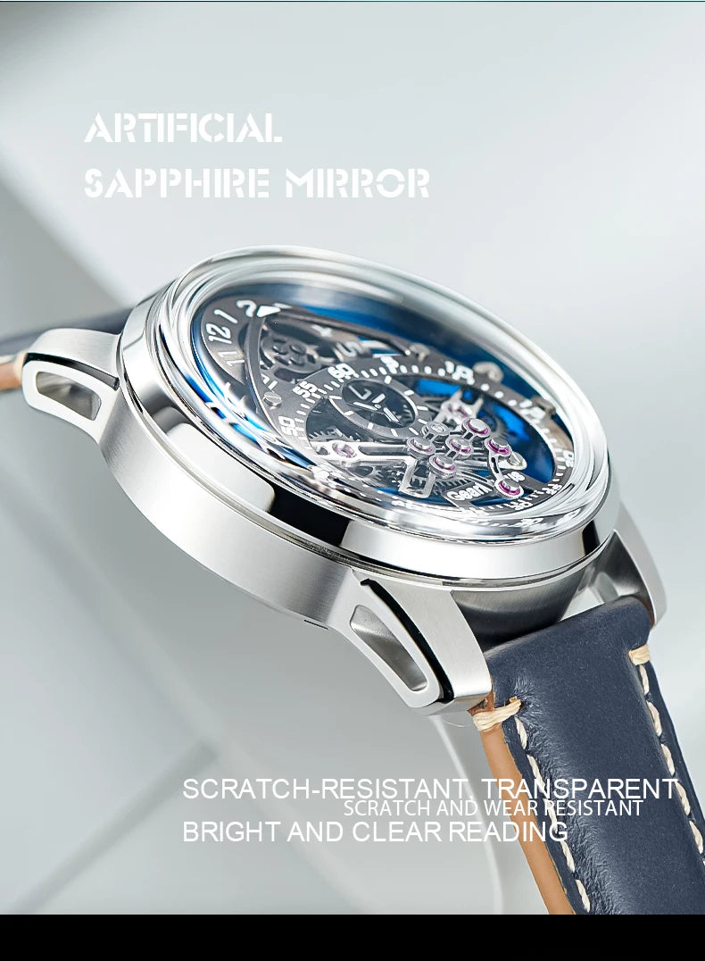 OBLVLO Men Automatic Watch 42MM Mechanical Wristwatch Luminous 50m Waterproof Sapphire Unique Concept Gear Dial SW200