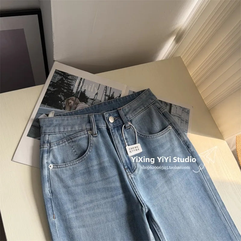 Summer Thin High Waist Slimming Bell Bottom Jeans Women's Fashion Korean Anime Leg Transformation Nine-Piece Micro Flared Denim
