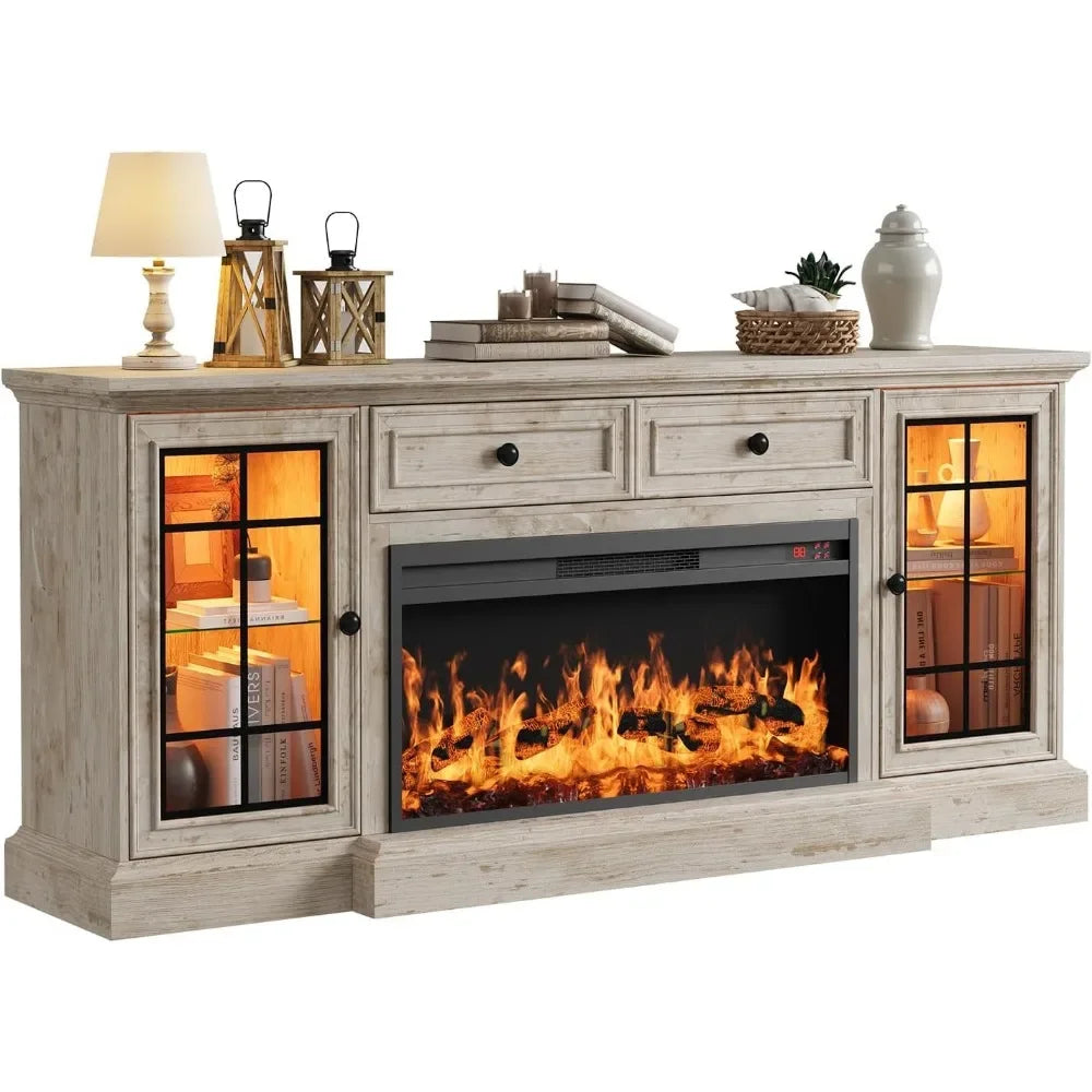 Modern Farmhouse Entertainment Center with Electric Fireplace LED Lights - TV Stand for up to 80'' TVs 70'' Media ，Customized