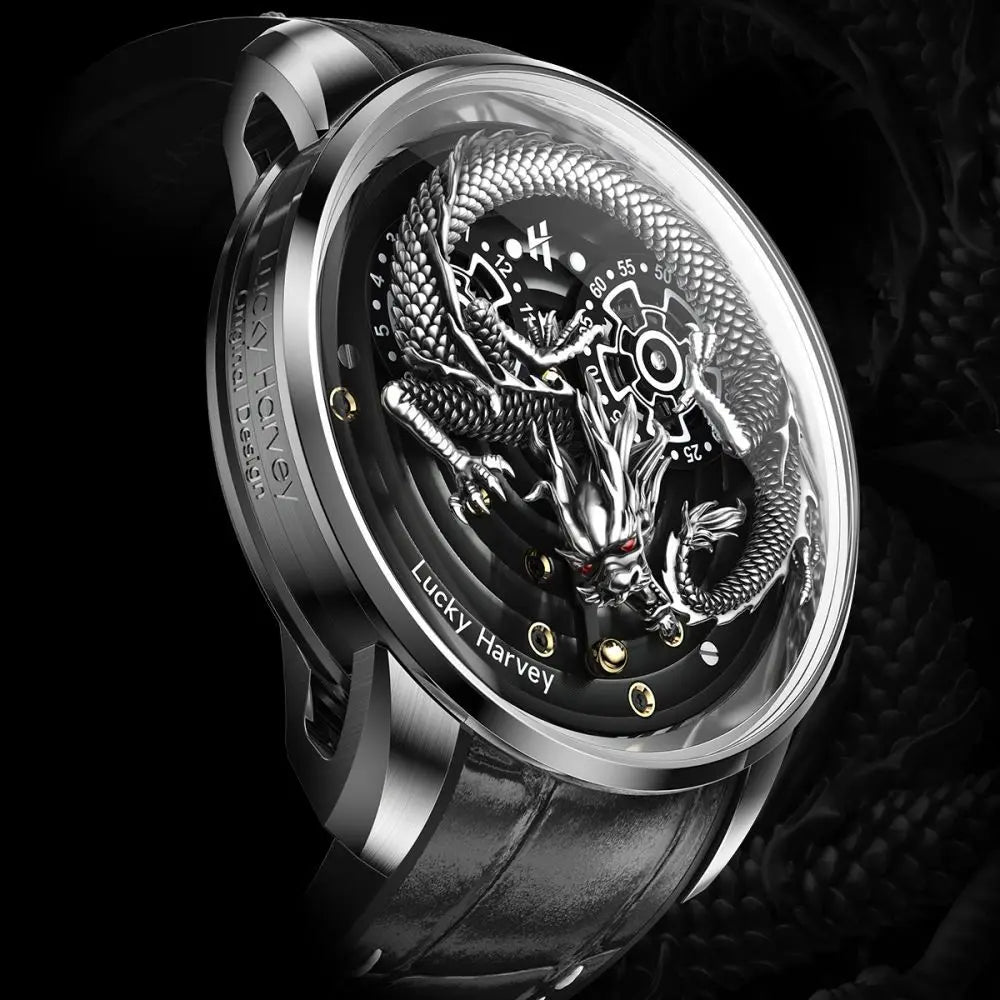 Lucky Harvey Automatic mechanical movement watches for men Synthetic sapphire 3D  Engraving Chinese dragon dial waterproof watch