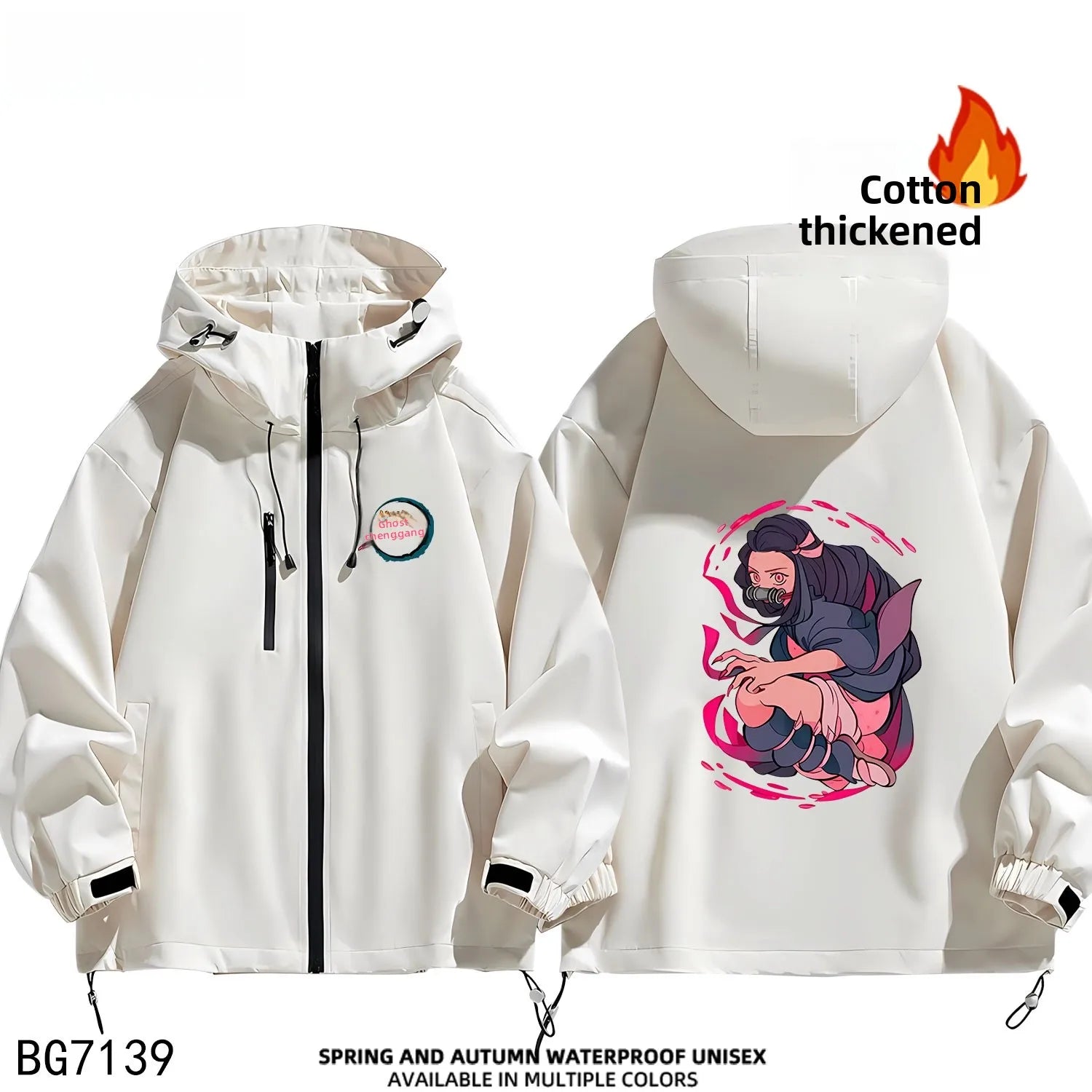 Ruike Men's Thiened Cotton Hooded Jaet Casual Outdoor Waterproof Spring Autumn Winter Anime Ghost Slayer Coat Jaet