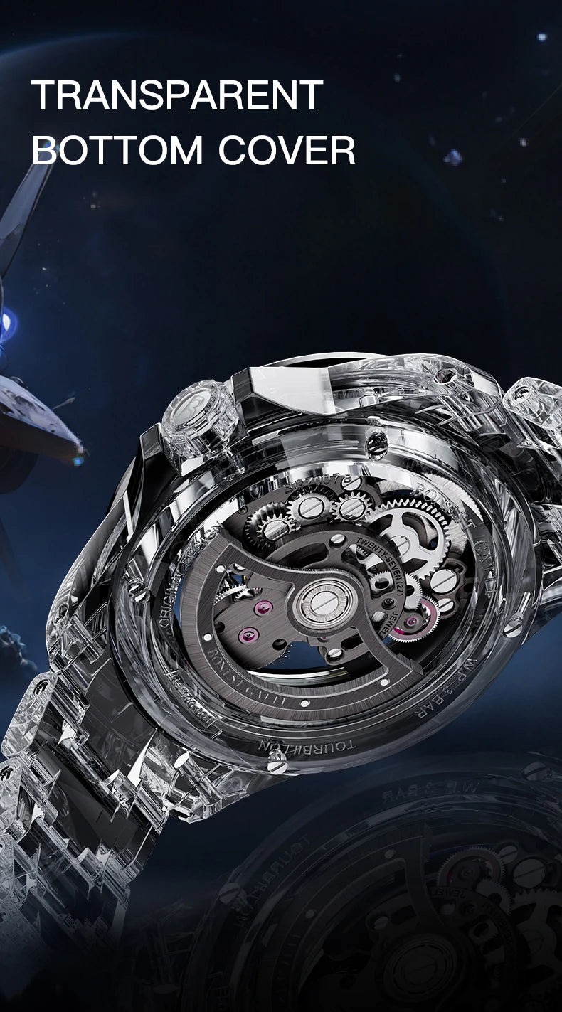 BONEST GATTI Luxury Skeleton Tourbillon Watch for Men K9 Crystal Case with Rainbow Bezel Automatic Mechanical Wristwatch