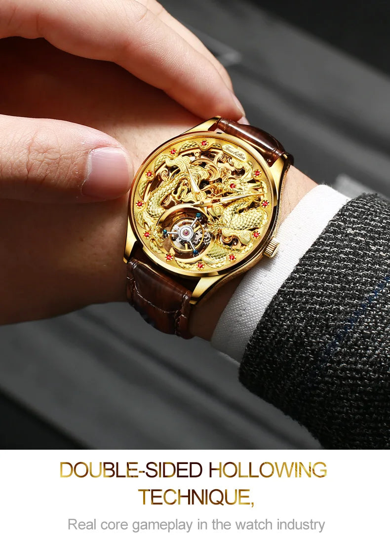 100% OUPNKE 3176 Authentic Tourbillon Men Watch Luxury 3D Relief Golden Dragon Watch Original Mature Automatic Mechanical Watch