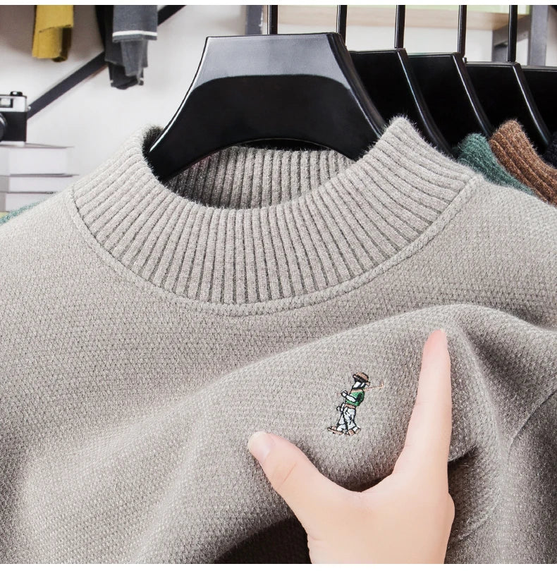 Luxury brand men's round neck knitted sweater fashion cartoon embroidery comfort warm plush autumn winter casual golf pullover