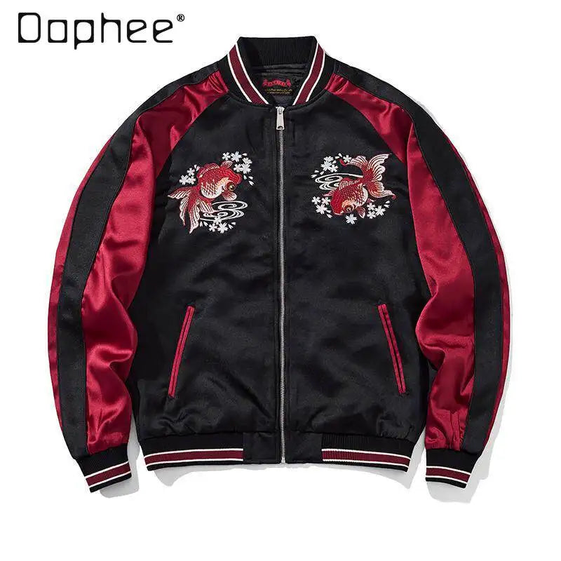 Cherry Blossom Embroidered Jacket Boys Top Spring and Autumn Japanese Sukajan Koi Fish Sakura Embroidered Satin Bomber Jacket