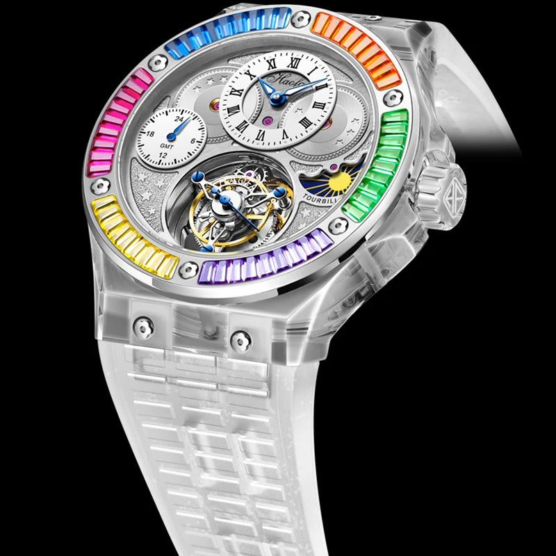 Haofa GMT Tourbillon Man Watch 2101 Luxury Rainbow Crystal Day And Night Manual Tourbillon Mechanical Men Watches Sapphire