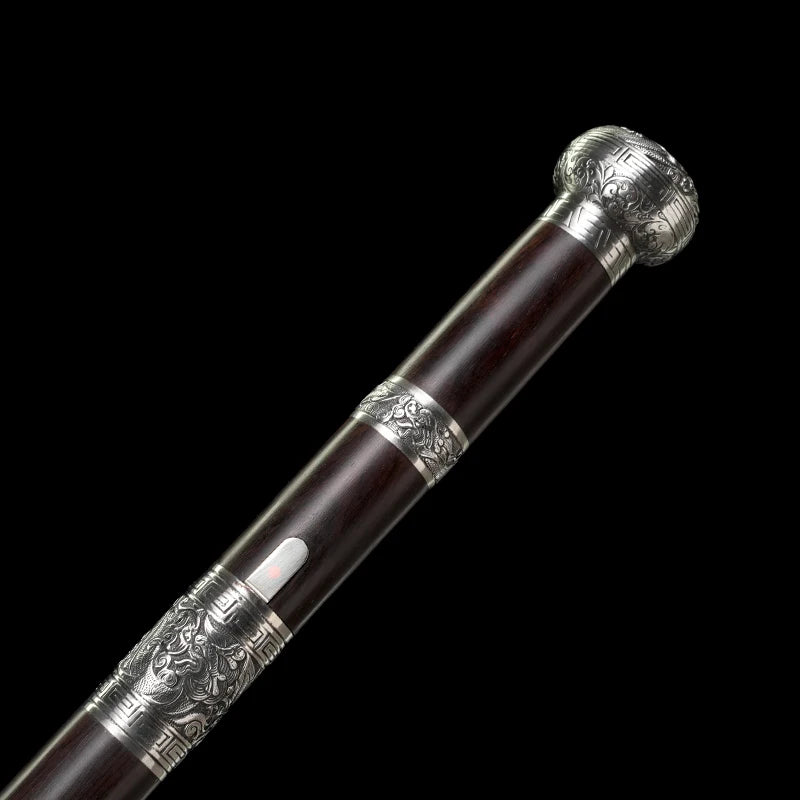 Chinese Staff Sword Folded Steel Damascus Blade Sharp Real Ebony Wood Scabbard Walking Stick Samurai Swords Silver Dragon Katana