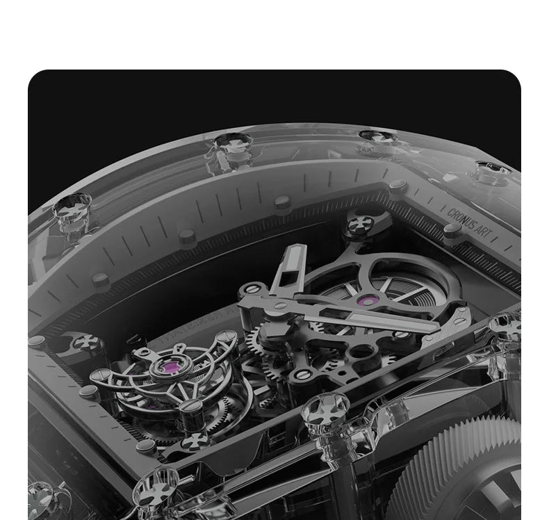 CRONUSART Men Tourbillon Watch 50mm Tonneau Mechanical Wristwatch Sapphire Case Mirror Luminous Fluororubber Strap Skeleton Dial