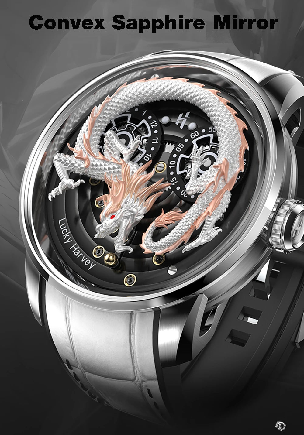 Lucky Harvey Chinese 3D Engraving Dragon Dial Automatic Mechanical Watches for Men Sapphire Crystal Business Fashion Watch