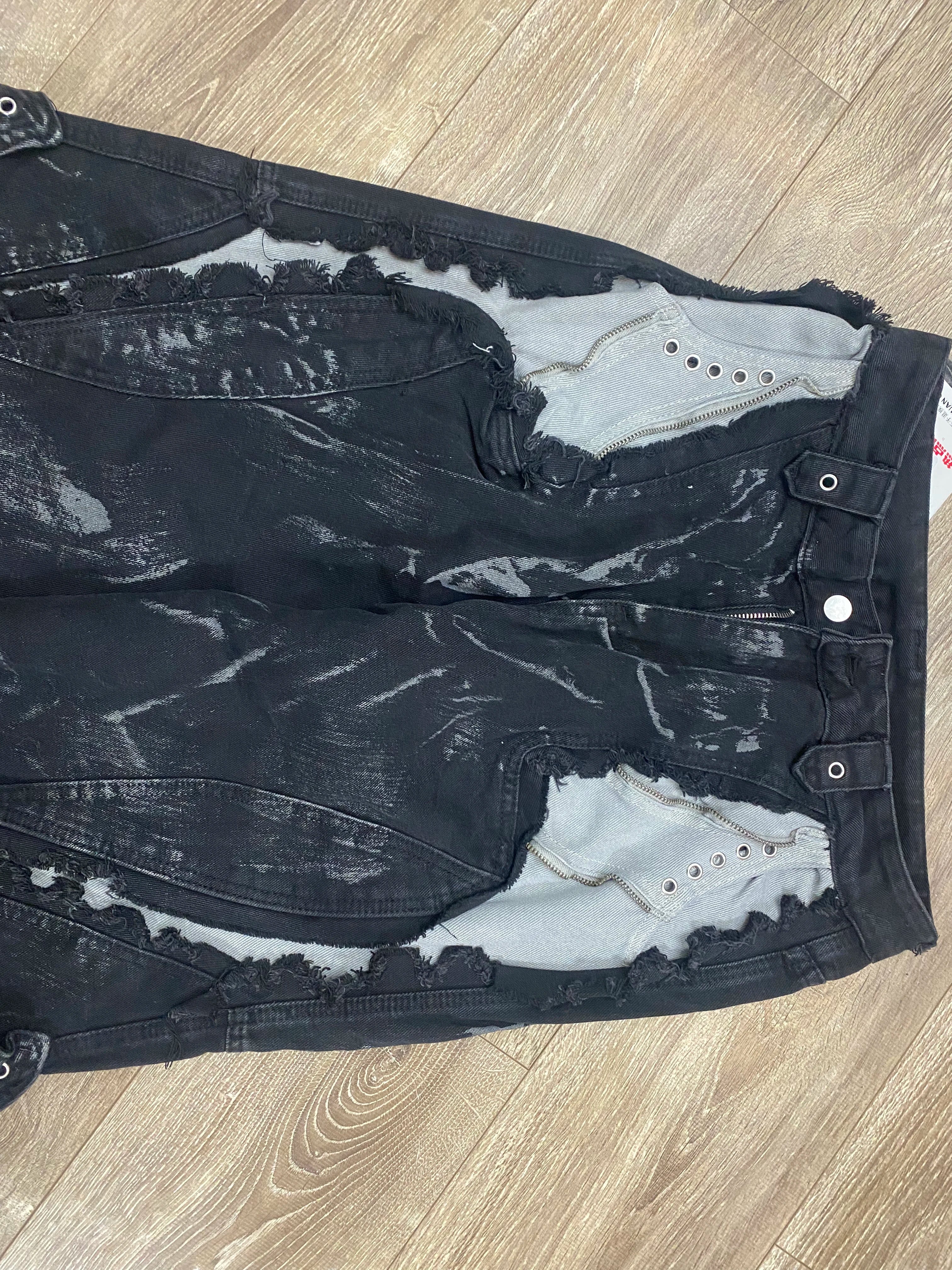 High Street Men's Denim Trousers Patchwork Contrast Color Drawstring Raw Edge Dirty-dying Worn-out Male Jeans New