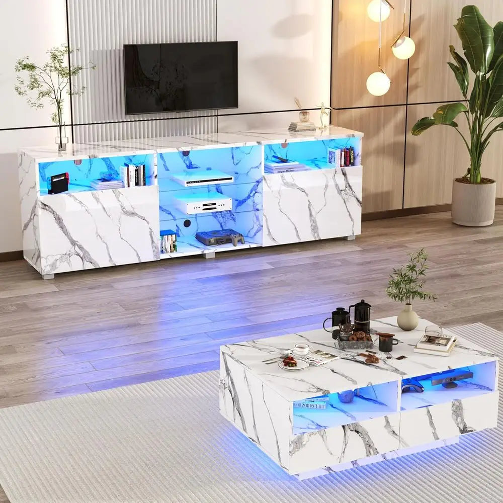 Modern 75/80 Inch LED TV Stand with Center Media Console, LED Lights, High Gloss Entertainment Center for Living Room or Bedroom