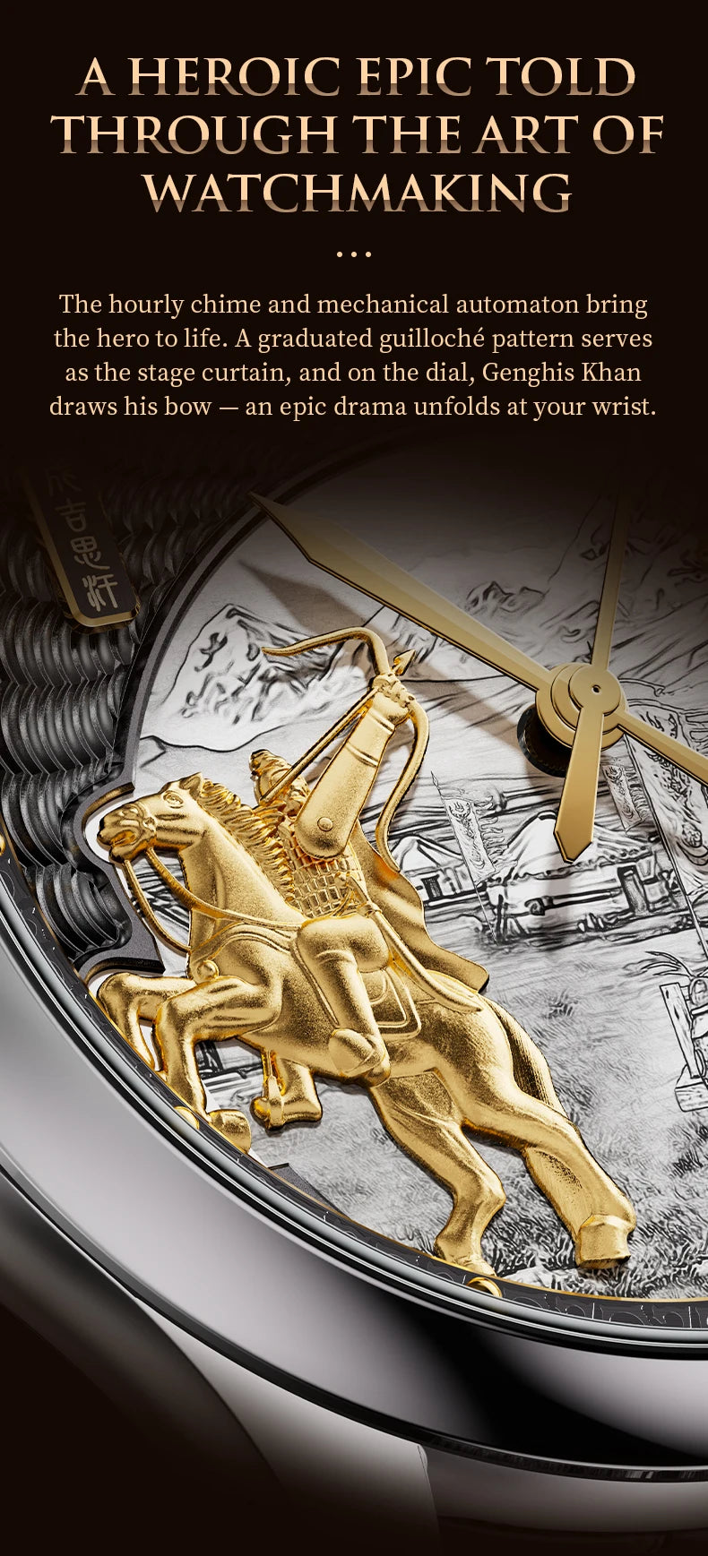 Lucky Harvey 3D Hero Genghis Khan Chiming Watches Guilloché Relief Dial Motion Movement Limited Automatic Mechanical Wristwatch