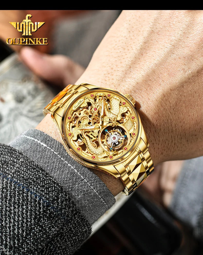 100% Golden Dragon OUPINKE 3176 True Tourbillon Watch Brand Luxury Tungsten Steel Men Automatic Mechanical Watch Reloj Hombre