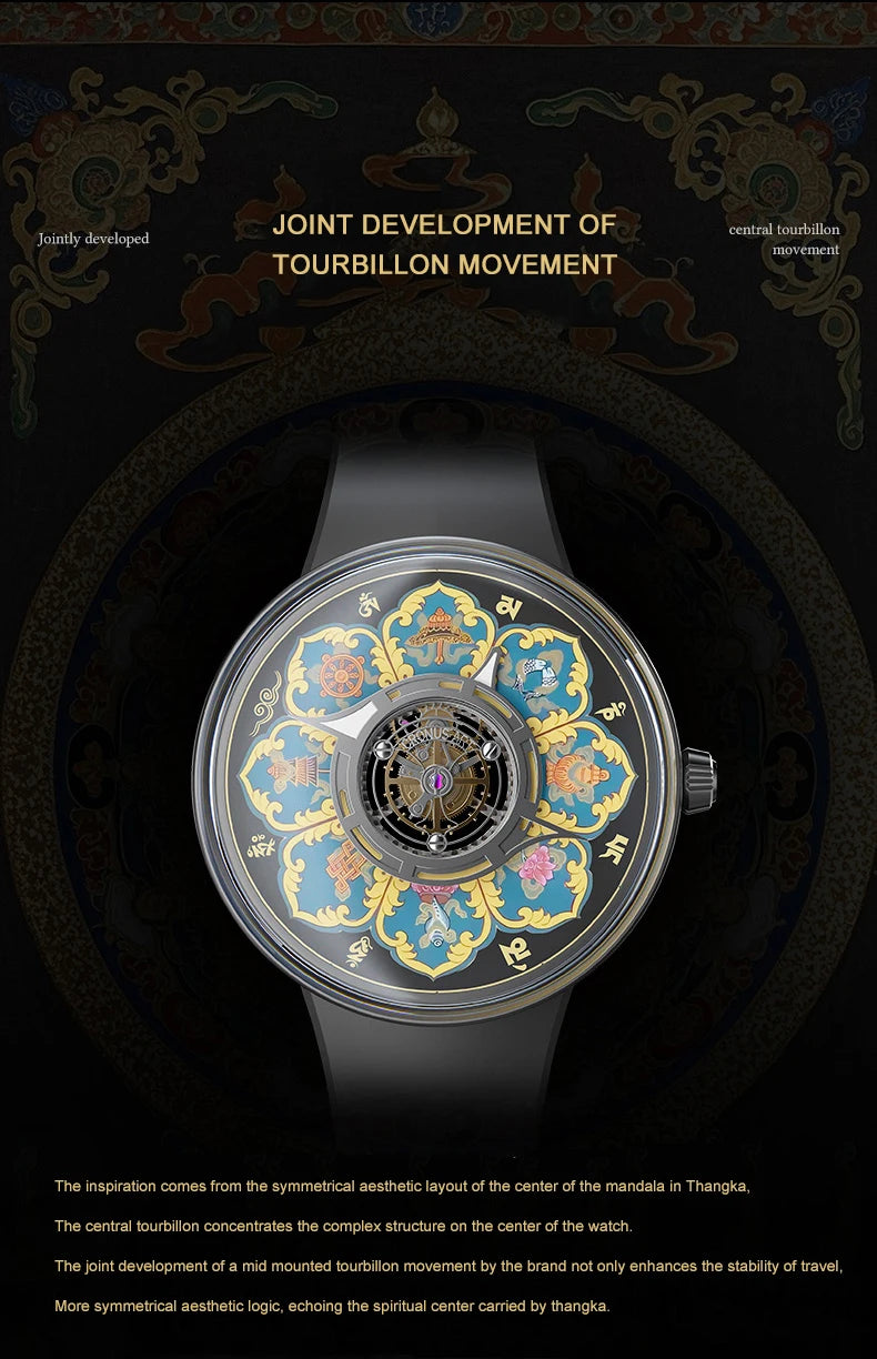 CRONUSART Men Tourbillon Watch 43mm Titanium Case Mechanical Wristwatch Luminous Tangka Enamel Dial Sapphire Mirror Skeleton