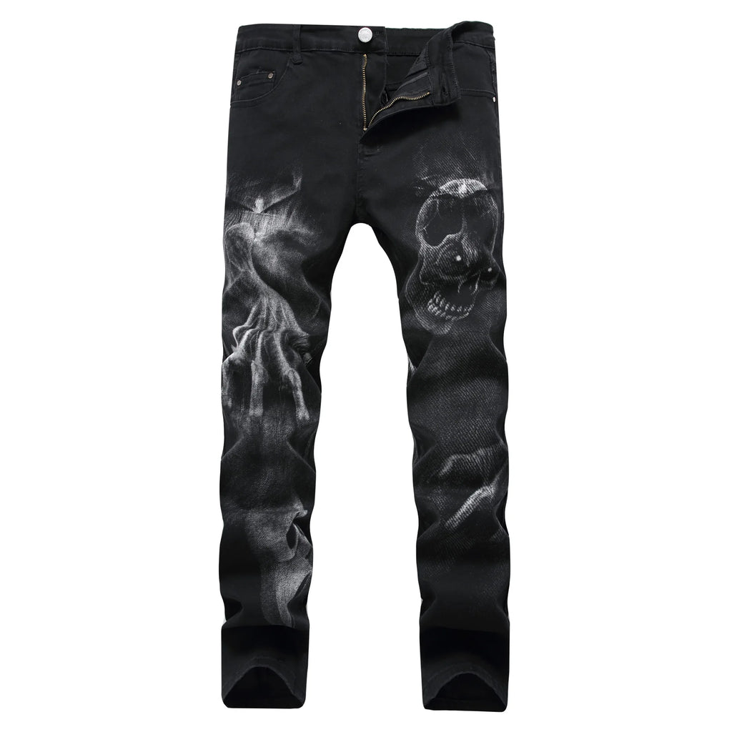 2026 Men's Blue 3D Printing Jeans, Black Wolf Pattern Printed Punk Straight Cotton Casual Print Denim Pants Asian Size 28-42