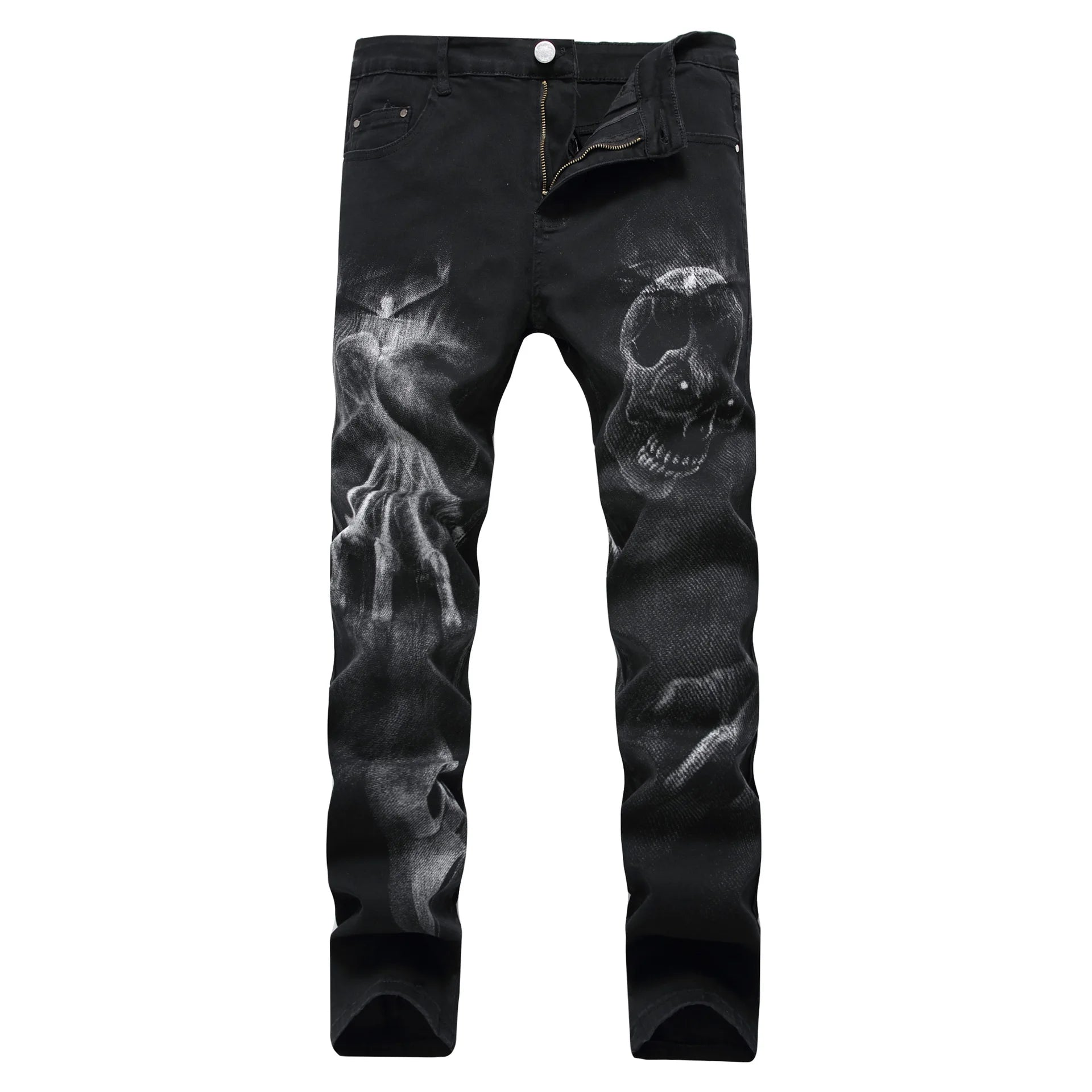 2026 Men's Blue 3D Printing Jeans, Black Wolf Pattern Printed Punk Straight Cotton Casual Print Denim Pants Asian Size 28-42