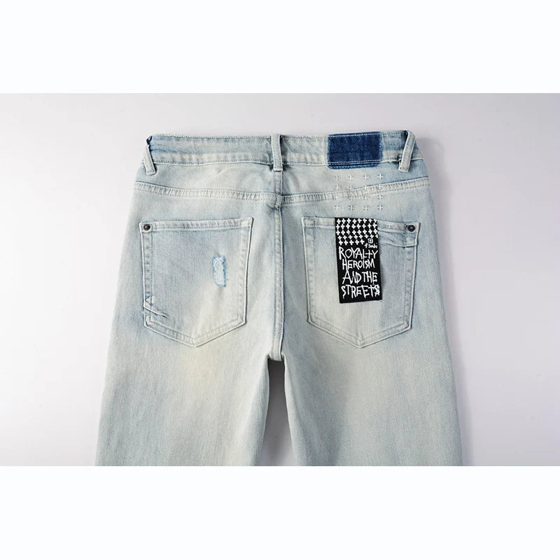 Men's High Street Distressed Light Indigo Stretch Skinny Button Fly Ripped Jeans Pants