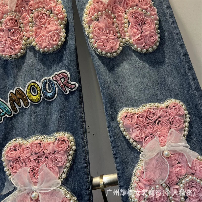 American Style Heavy Beaded Letter Cartoon Anime Elastic Waist Wide Leg Jeans Versatile Casual Full Length Trousers For Women