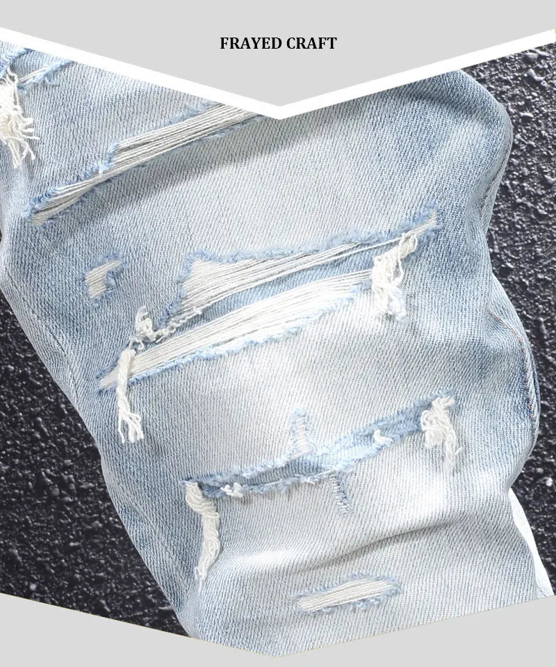 Fashion designer men's retro washed light blue elastic slim fit printed corrugated jeans men's Italian style retro denim pants h