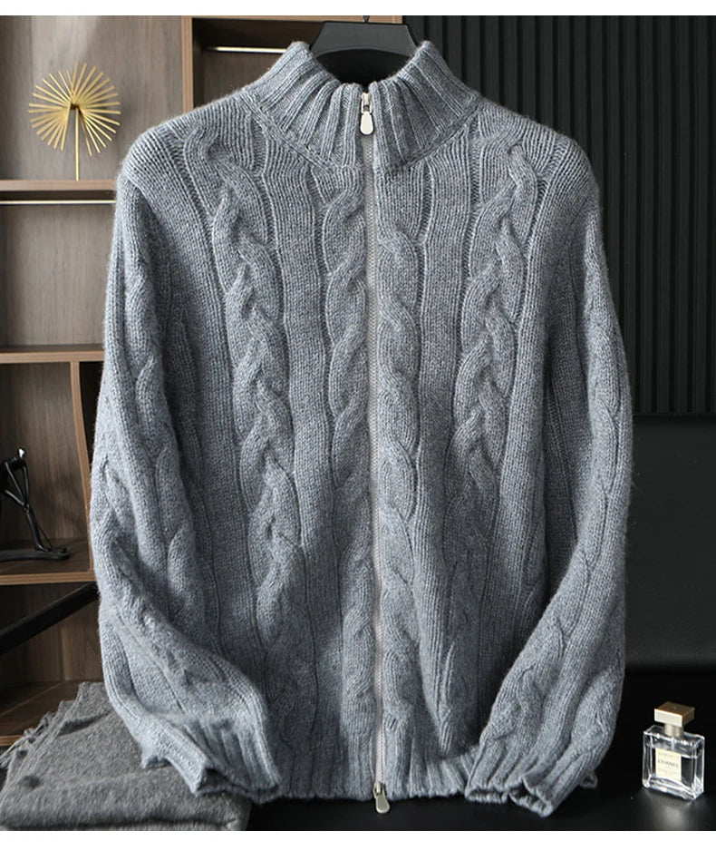 Men's 100% Pure Cashmere Knitting High Neck Cardigan Zipper Thickened Coat Fashion Old Money Style Big Fried Dough Twist Design