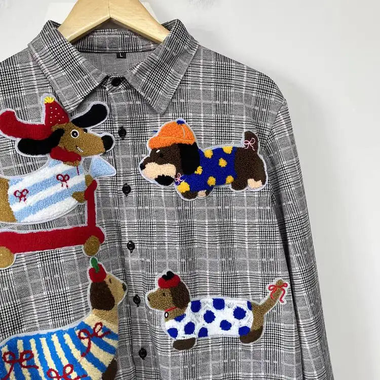 PFHQ Fashion Men's Shirt Cartoon Towel Embroidered Decoration Plaid Design Loose Personality Versatile Male Shirt Tide 21P2205