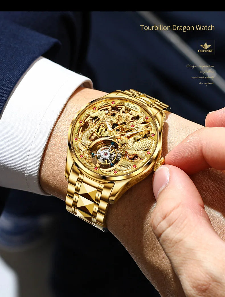 100% Golden Dragon OUPINKE 3176 True Tourbillon Watch Brand Luxury Tungsten Steel Men Automatic Mechanical Watch Reloj Hombre
