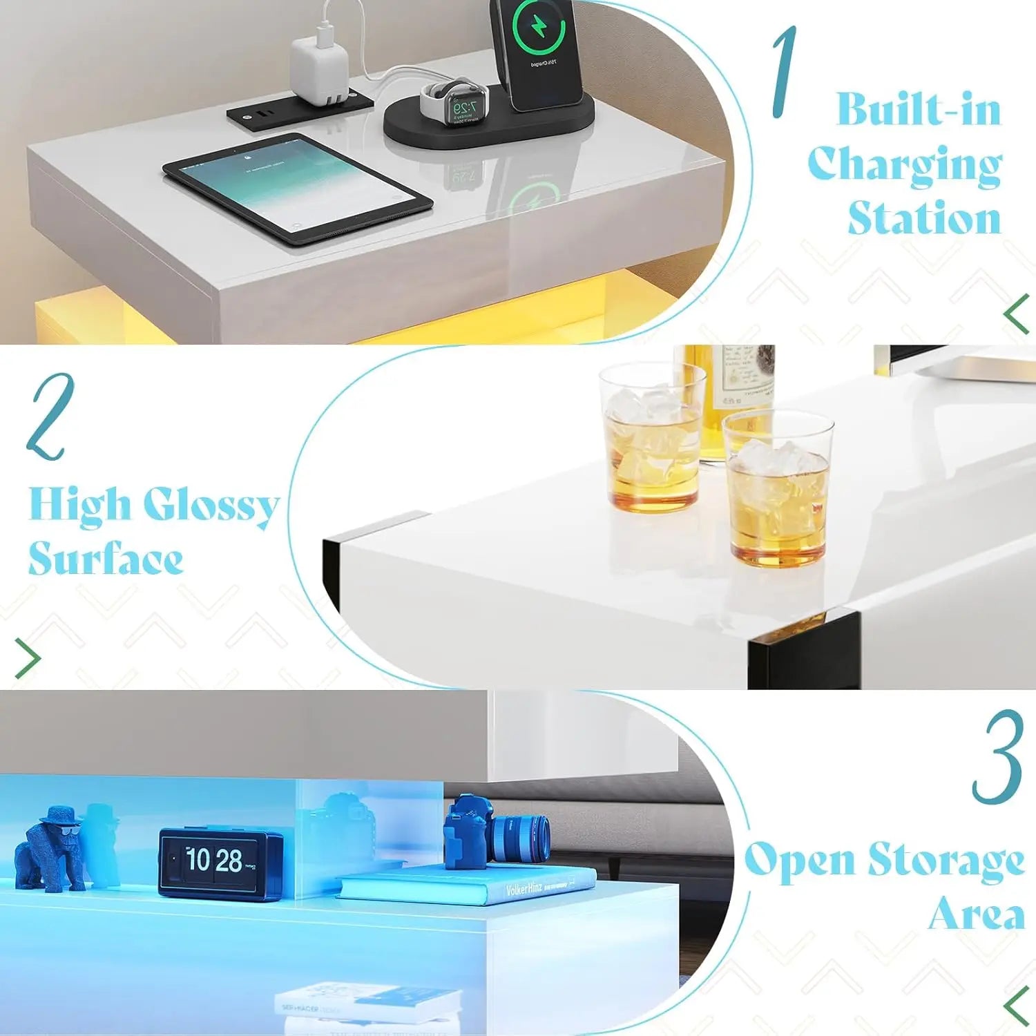 80" Fireplace TV Stand High Gloss 4-Piece Living Room Table Set LED Coffee End Table White Customized