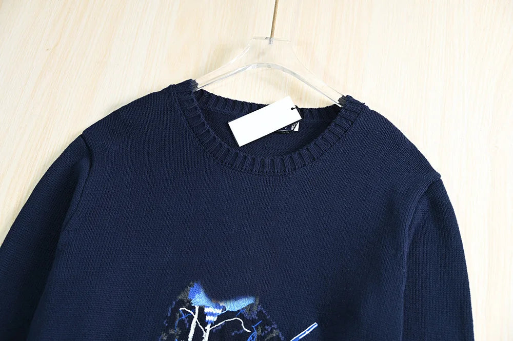 Couples Knitted Cotton Sweater Long Sleeve round Neck Thick Needlework Cartoon Bear Design Casual Youthful Style Cotton Knitwear