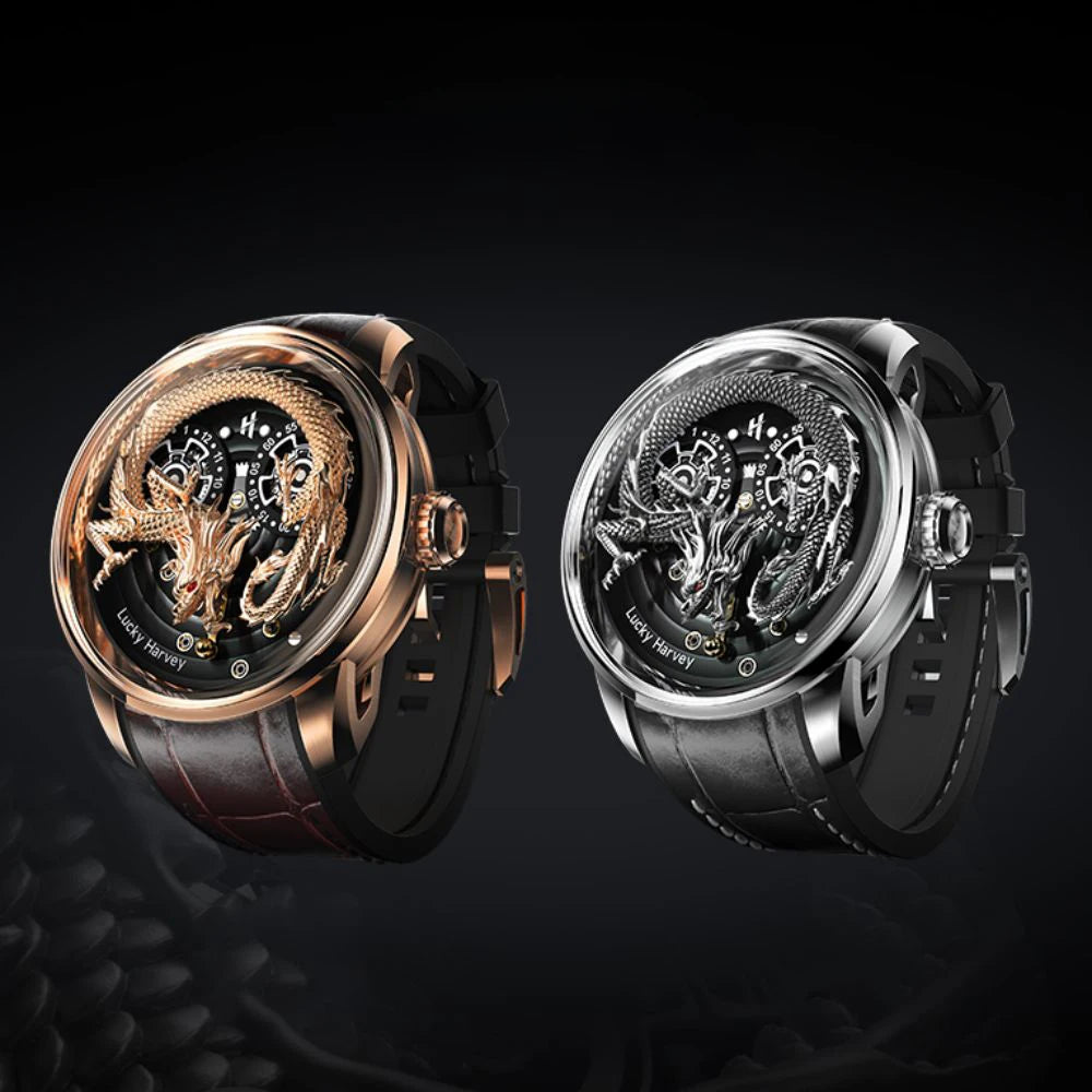 Lucky Harvey Automatic mechanical movement watches for men Synthetic sapphire 3D  Engraving Chinese dragon dial waterproof watch