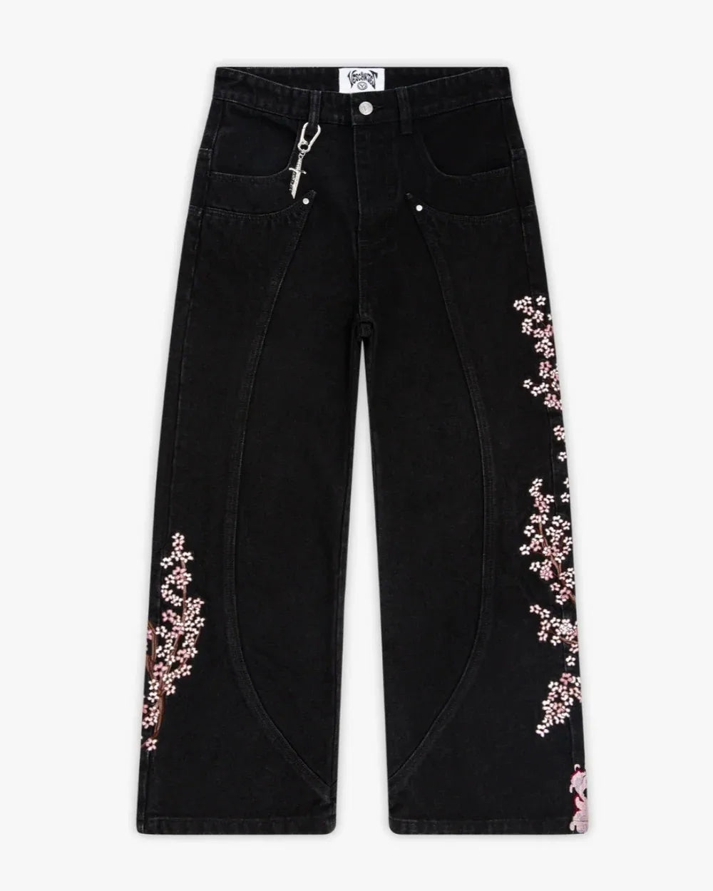 Y2k Vintage Baggy Fallen Knight Cherry Blossom Embroidery Jeans Men Women Fashion Straight Wide-leg Denim Pants Streetwear Jean