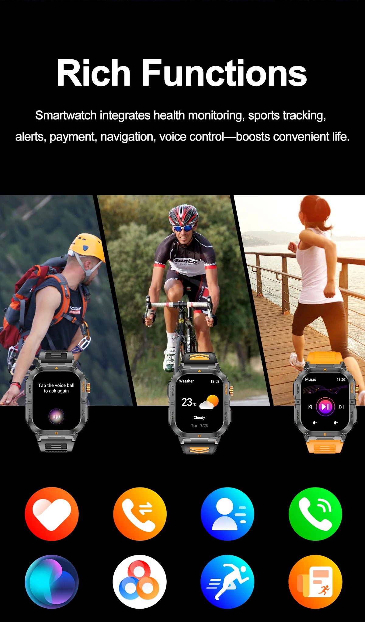 New 1000mAh military outdoor smartwatch for men, LED flashlight, IP68 waterproof, GPS sports, 2.01-inch Bluetooth call smartwatc