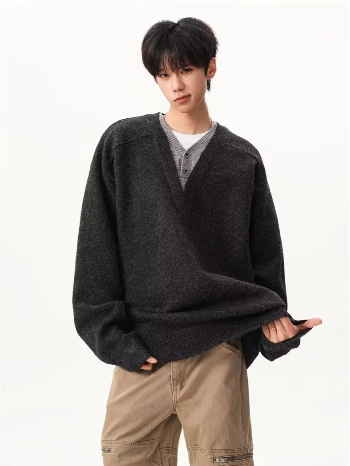 Fur Collar Pullovers Anime Mens Korean Japanese Minimalist Design Simple Clean Look Elegant Pure Advanced Aesthetics Premium Top