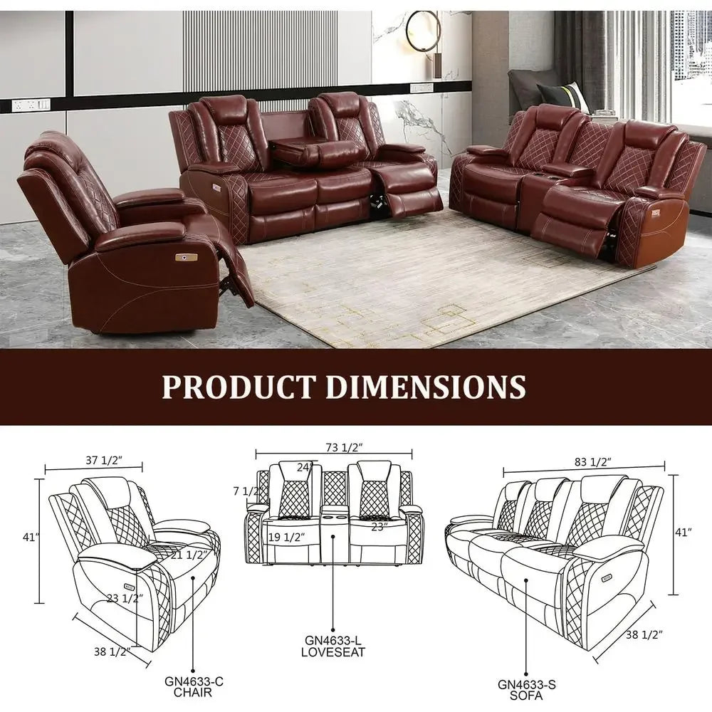Leather Power Reclining Sectional Sofa with LED, Storage, Cup Holders, and USB Ports