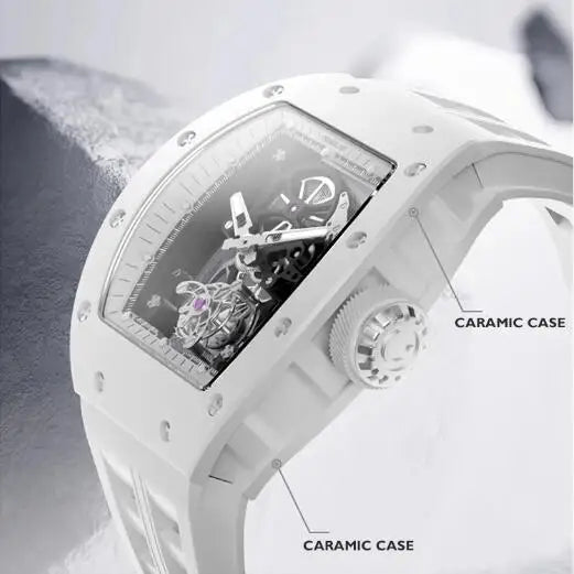 CRONUSART Men Tourbillon Watch Tonneau Mechanical Wristwatch 5Bar Ceramic Case Luminous Fluororubber Strap Sapphire Mirror