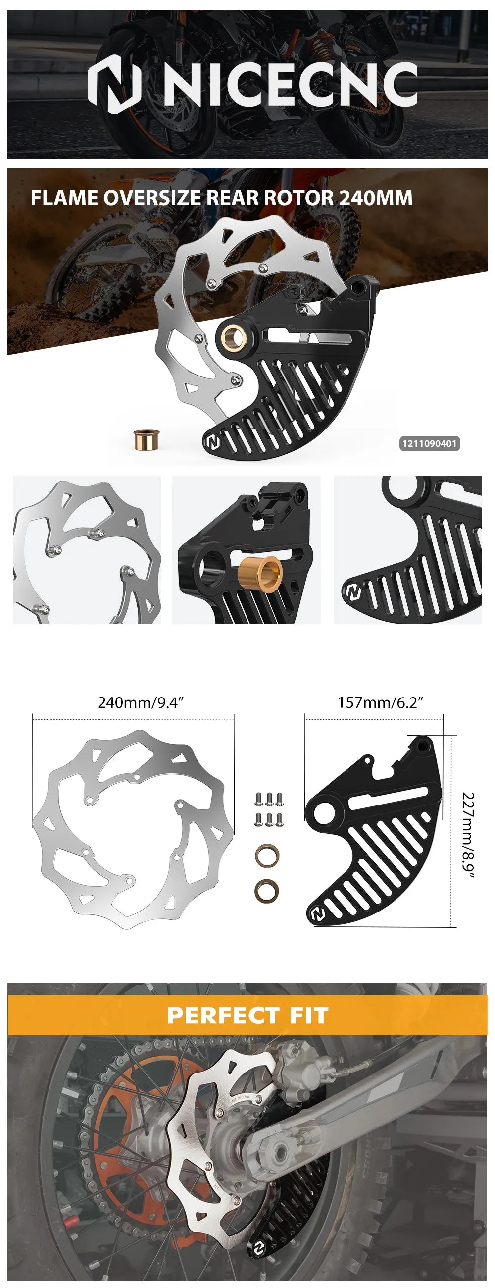 NICECNC For STARK VARG MX/EX Electric Dirt Bike 2024 2025 240mm Flame Oversize Rear Brake Disc Rotor & Rear Brake Disc Guard