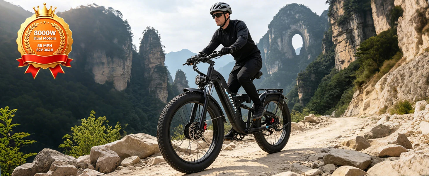 8000W Dual Motor Electric Bike for Adults, Ebike 55 MPH, 52V 30AH, E-Bike 120Miles, 26'' Fat Tire All Terrain E Bike for Men Wom