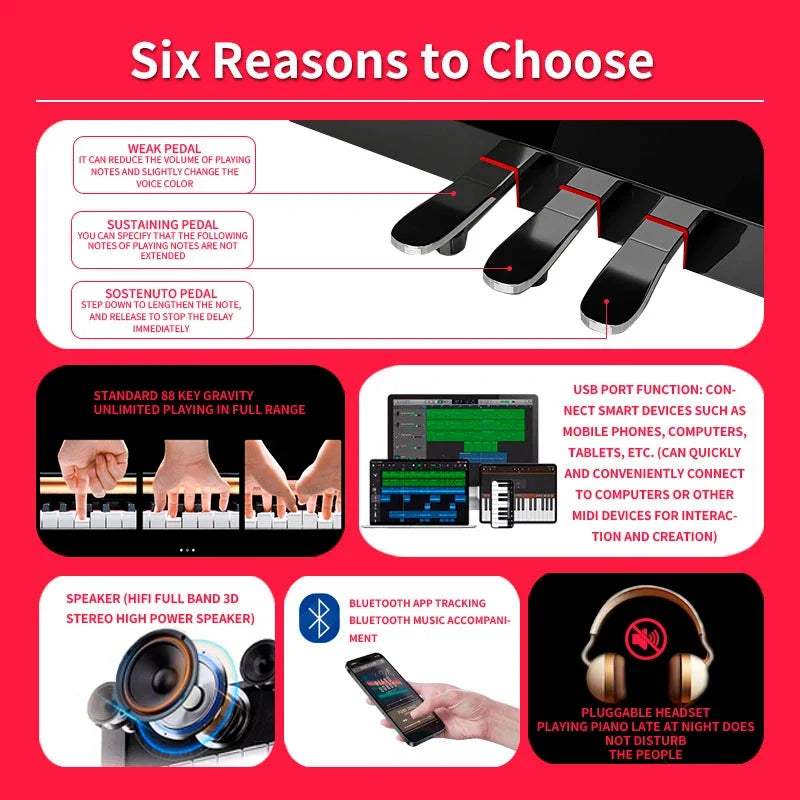88-Key Professional Grand Digital Piano Weighted Electronic Keyboard Synthesizer Musical Instrument for Stage Studio Practice