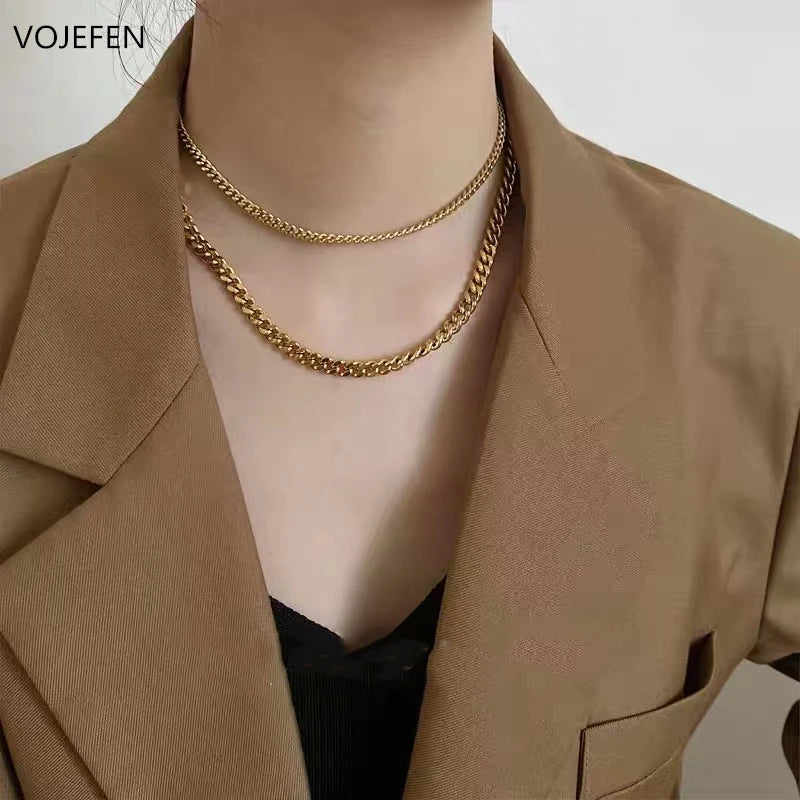 VOJEFEN Genuine 18K Gold Cuban Necklace Jewelry For Women/Men Fashion AU750 Pure Gold Chain Neck Choker Luxury Quality Jewel