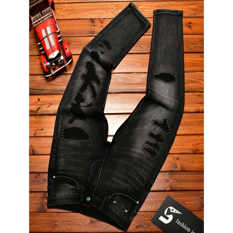 Metal Decor Design Black Jeans Men Trendy Ripped Fashion Retro Nostalgic Street Slim Fit Skinny Pants