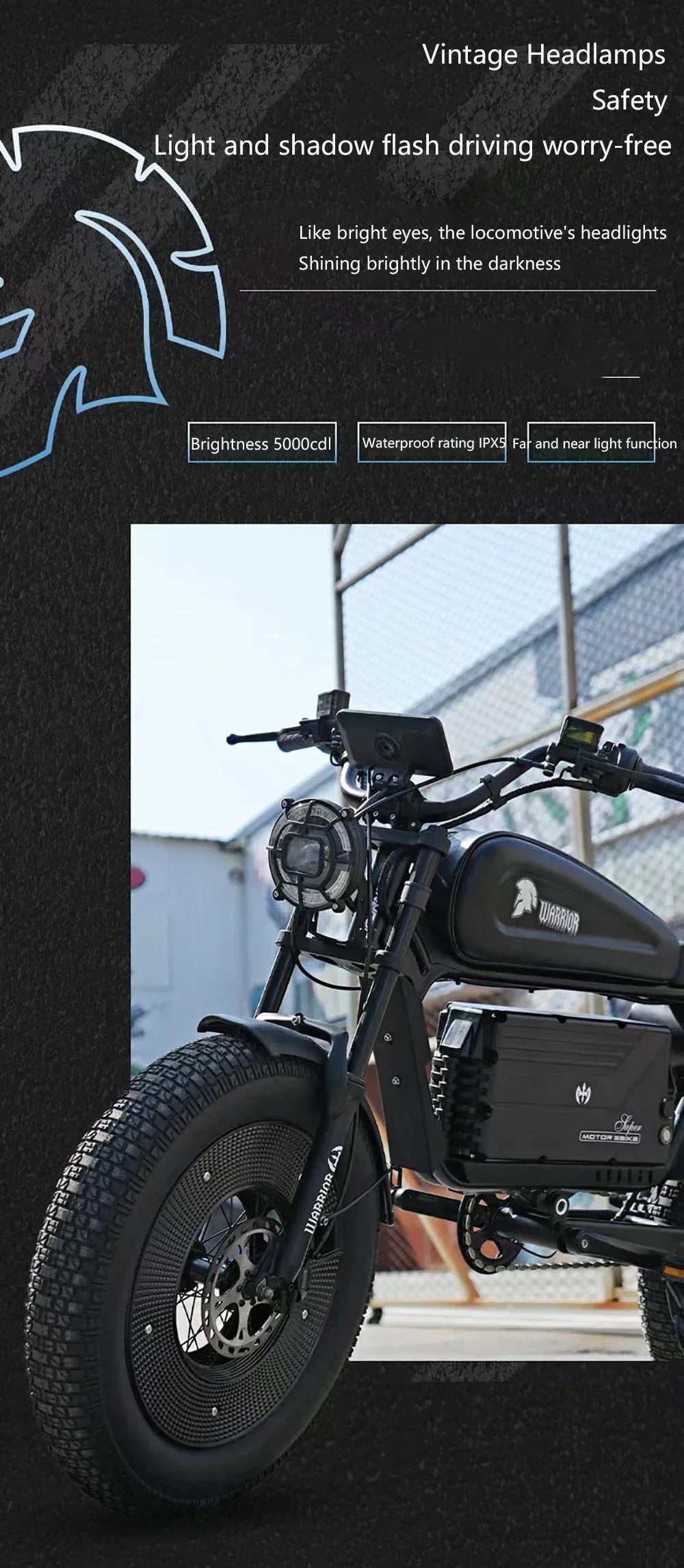 Ebike ZPW Black Warrior 3000W 60V 45AH Camping Motorcycle, Adult Electric Bike 20 Inch Fat Tire Electric Bike