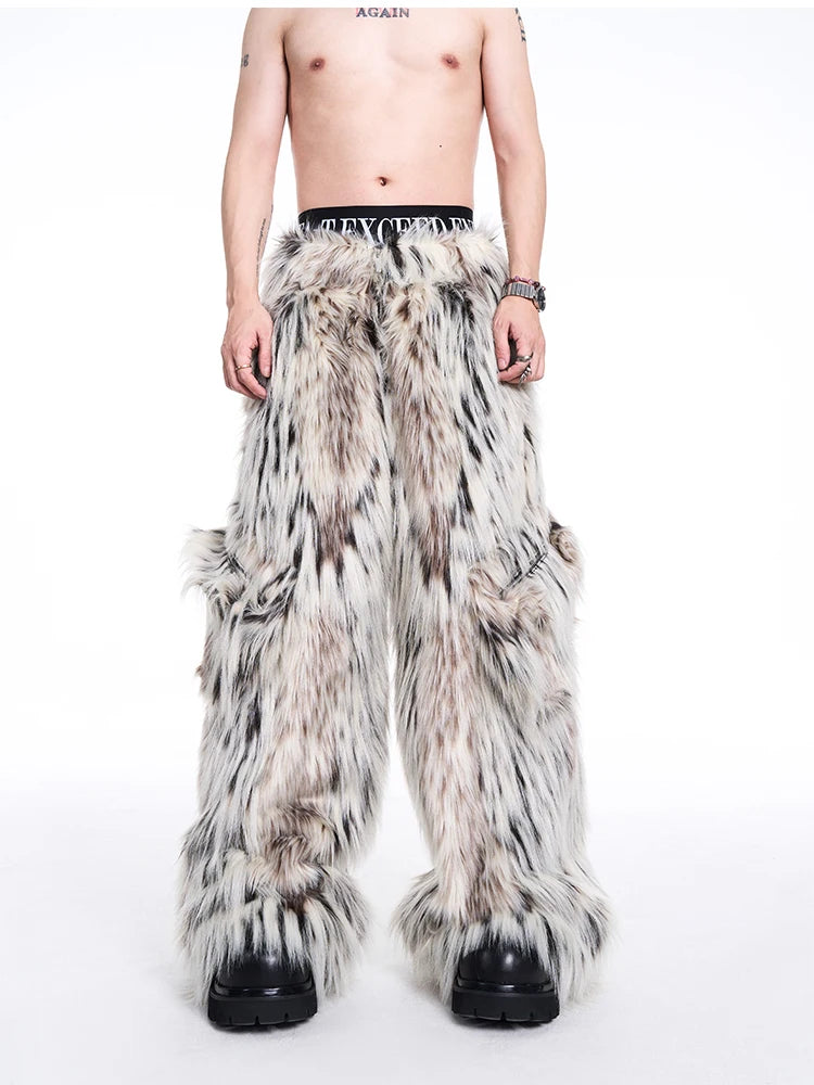 Mauroicardi Autumn Winter Long Colorful Thick Warm Hairy Fluffy Faux Fur Wide Leg Pants Men Pockets Runway Fashion Streetwear
