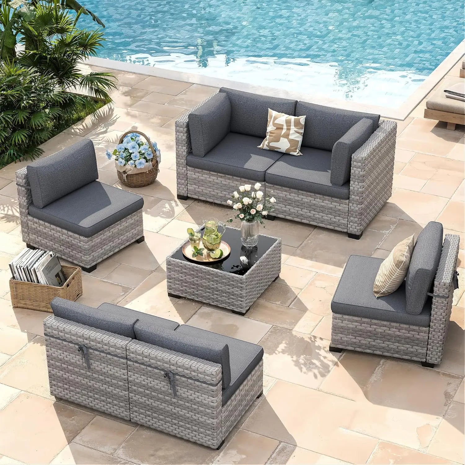 6-Seat Outdoor Wicker Sectional Sofa Set with Thick 4-Inch Cushions Dual-Strand PE Rattan Customizable Modular Patio Furniture
