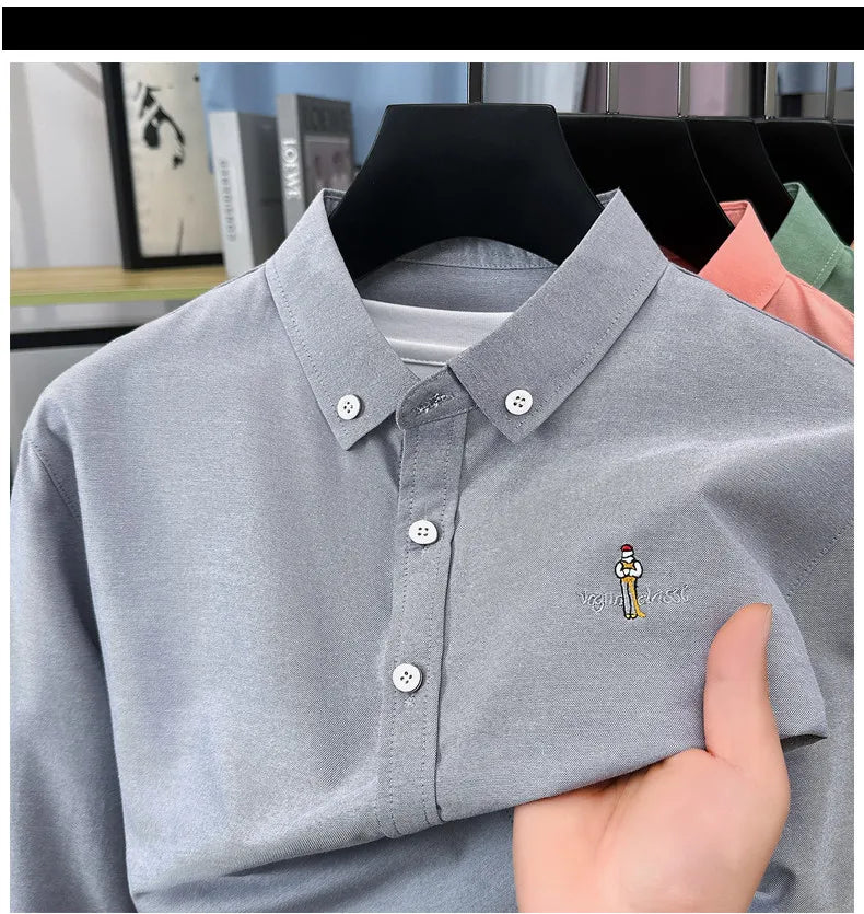 Light luxury fashion men's long sleeve shirt brand cartoon embroidery high-quality business casual solid color golf lapel top