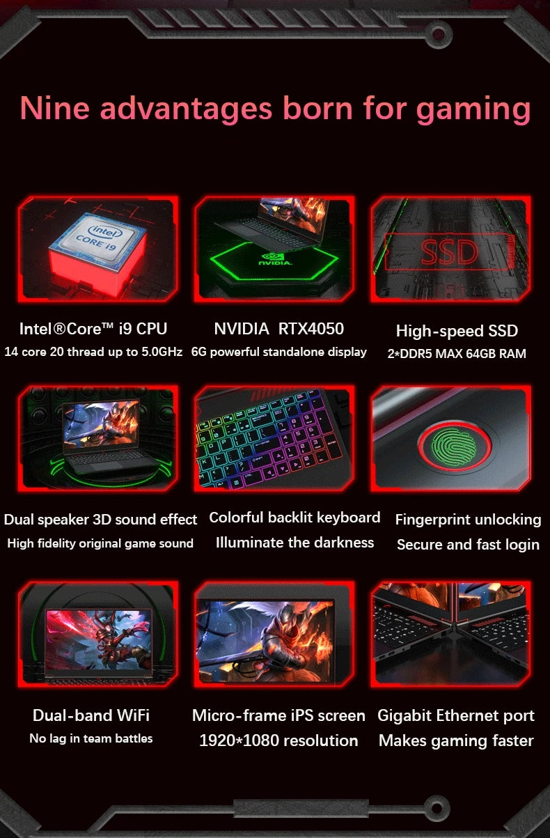 Oushedi Gaming Laptop Computer Intel Core i9-13900H NVIDIA RTX 4050 6G 16 Inch IPS 2*DDR5 MAX 64GB 2*M.2 PCIE SSD WIFI Windows11