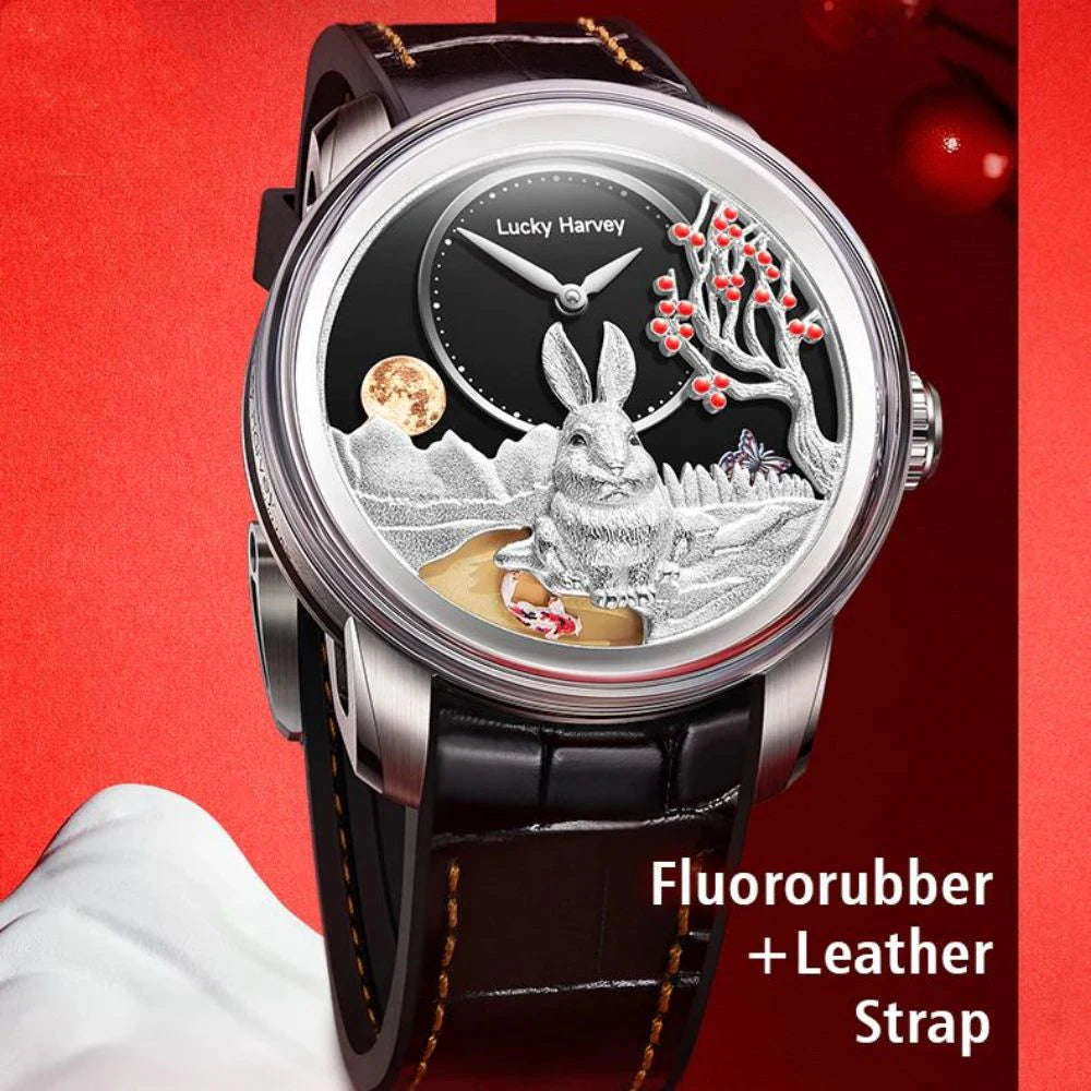 Lucky Harvey Limited Edition Automatic Mechanical Watches for Men Cute 3D Rabbit Dial Synthetic Sapphire Waterproof Wrist Watch