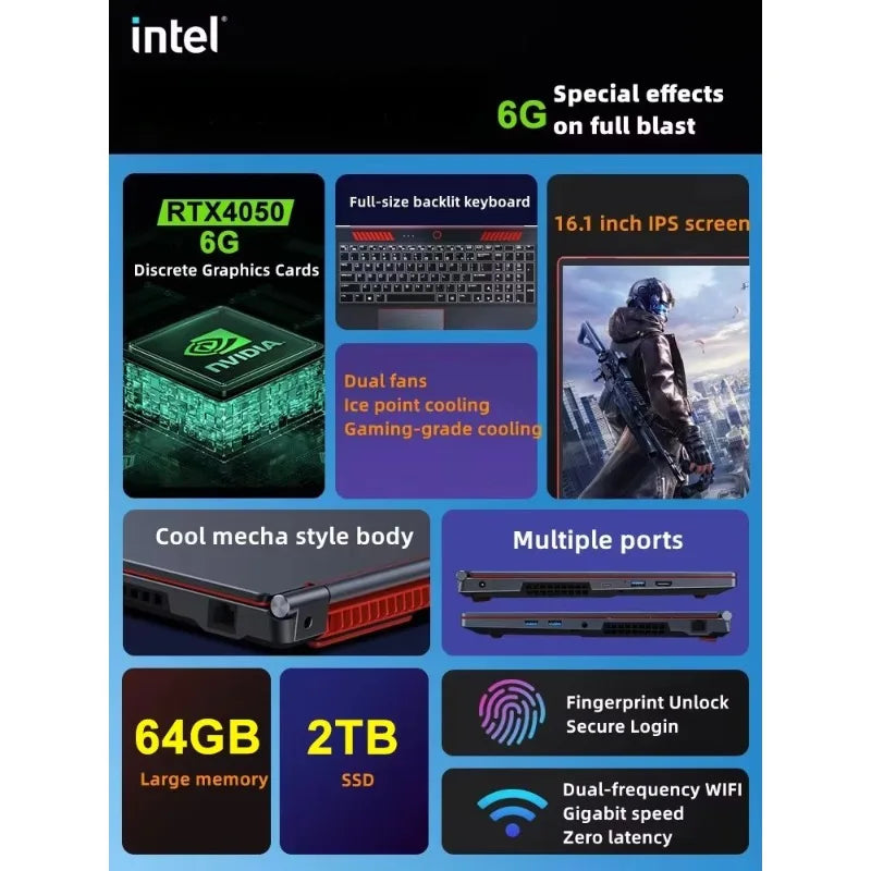 New 16.1 12900H gamer computer RTX4050 6g graphics card 12th generation 64gb 2TB business gaming laptop