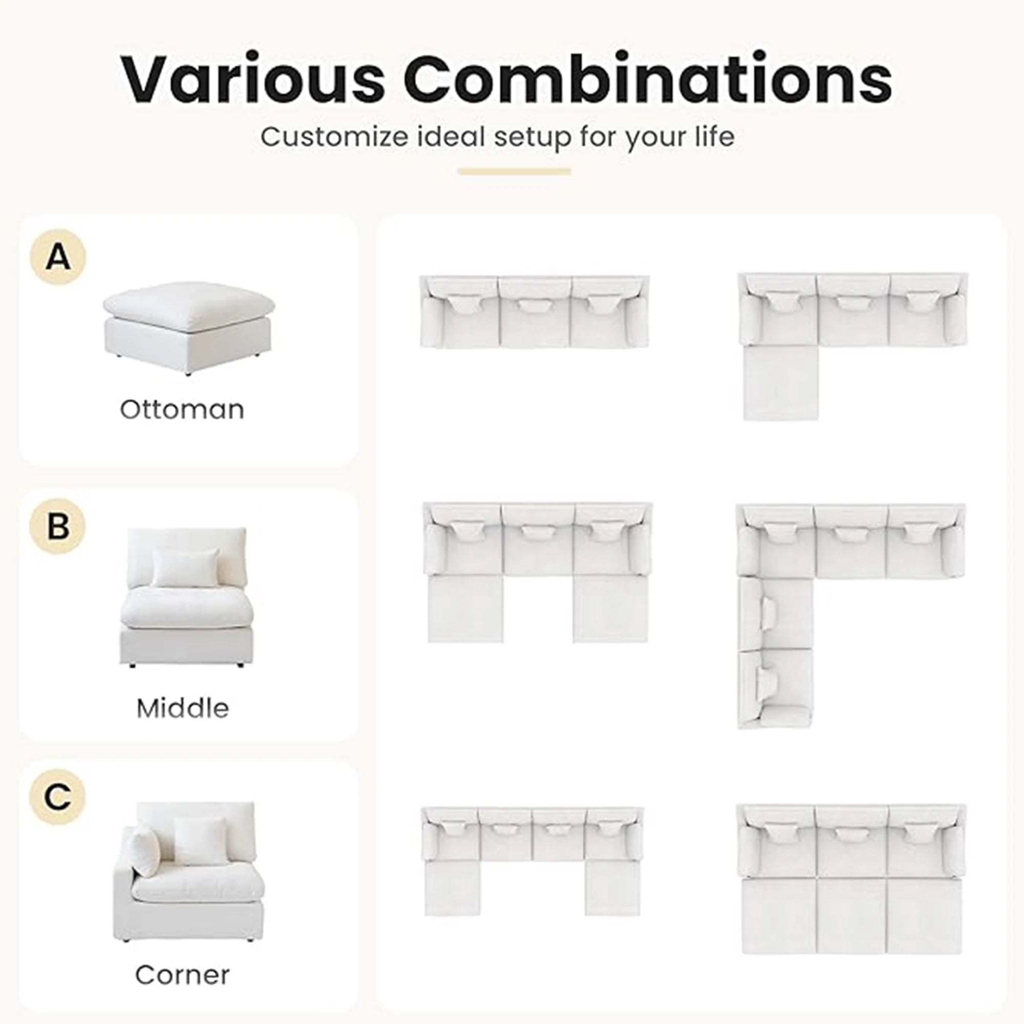 Comfy Cloud Couch 120''  Modern Sectional Sofa for Living Room Down Filled Couch with Ottoman U Shaped 5 Seater Convertible Sofa